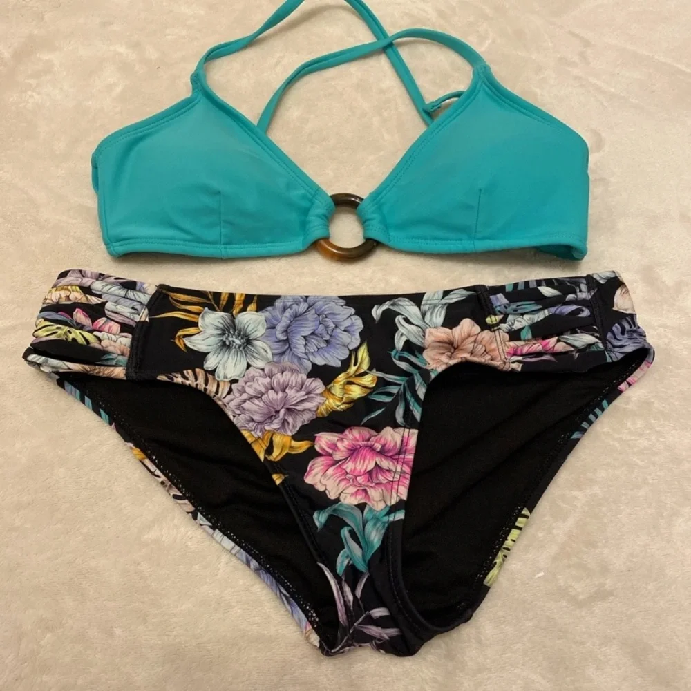 No Boundaries Seafoam Bikini with Floral Black Bottom